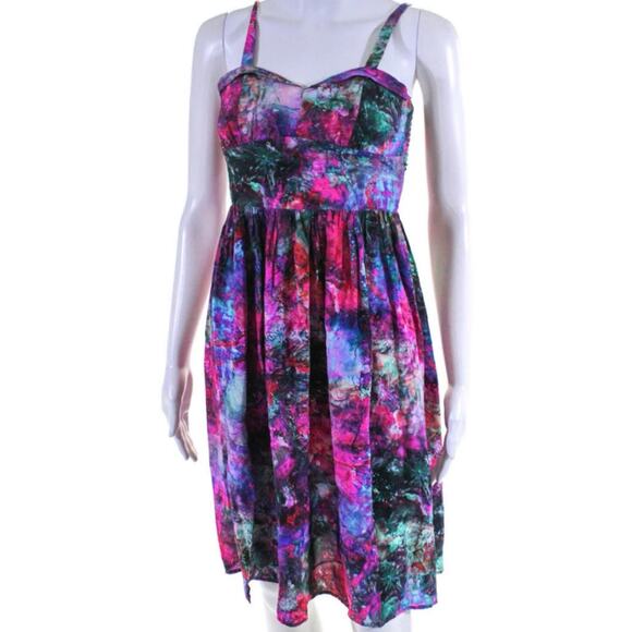 Amanda Uprichard Pink Green Watercolor Satin Fit and Flare Dress XS